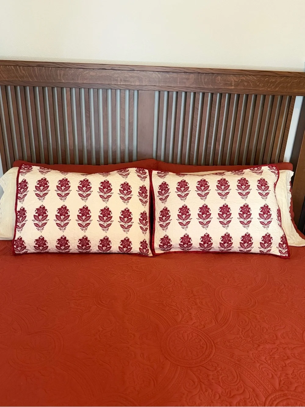 St. Nicholas Square Poinsettia Quilted Pillow Shams Red Cream Cottage Christmas